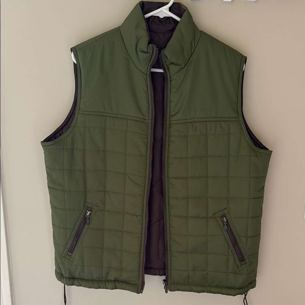 Ruff Hewn Olive Green Brown Reversible Quilted Zip Vest Women XL